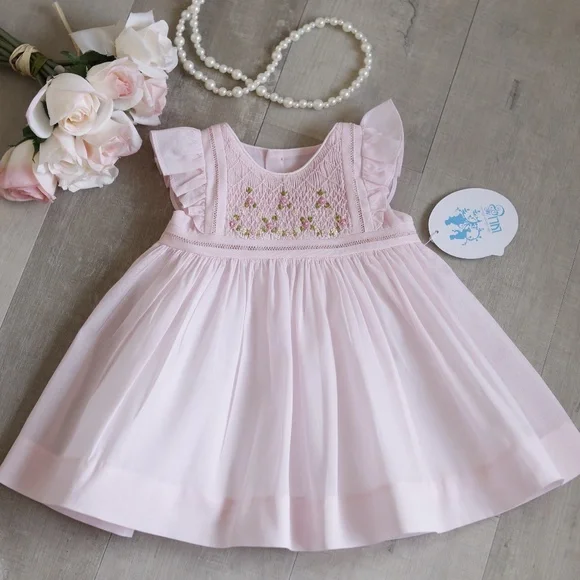 open lace back dress Luli & Me Girls Tea Roses Smock Bishop Pink Dress 5Y